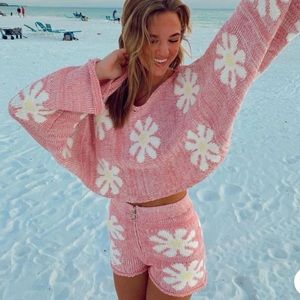 Pink Floral Knit Short Set